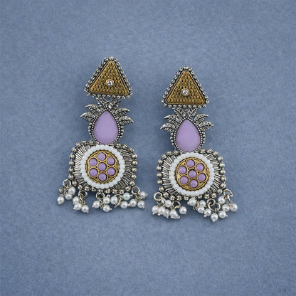 Elegant Blush Pink & Pearl Embellished Statement Drop Earrings with Antique Silver Finish and Intricate Floral Filigree Design