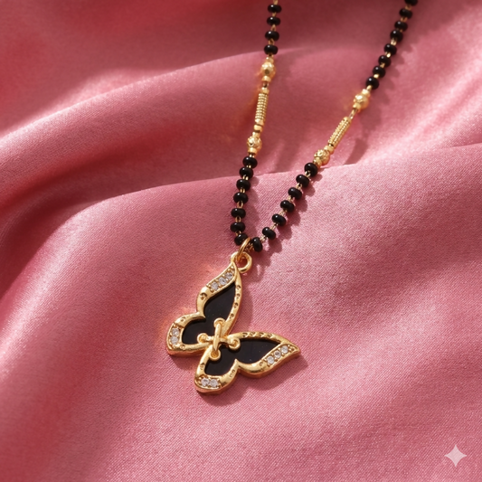 Gold-Plated AD Butterfly Mangalsutra with Black Bead Chain for women