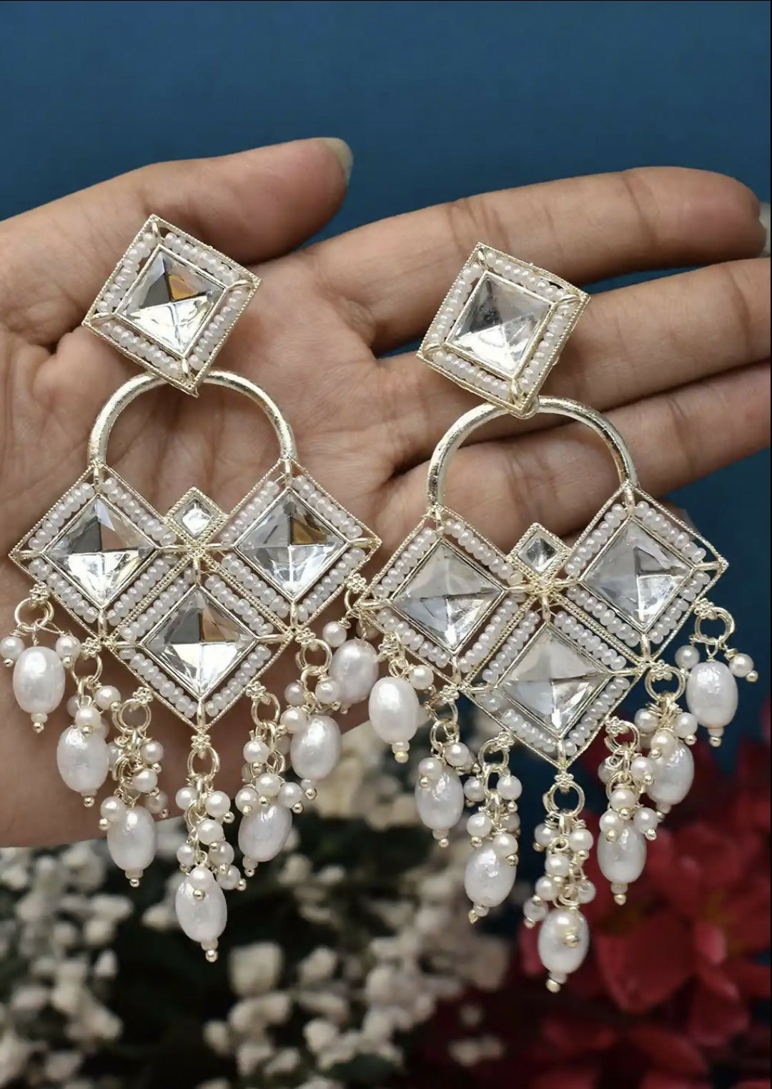 Antique Silver-Toned Floral Kundan Chandbali Jhumka Earrings with Seed Pearl Clusters