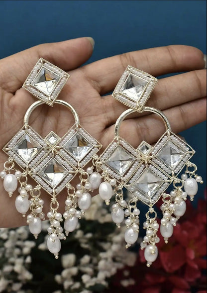 Antique Silver-Toned Floral Kundan Chandbali Jhumka Earrings with Seed Pearl Clusters