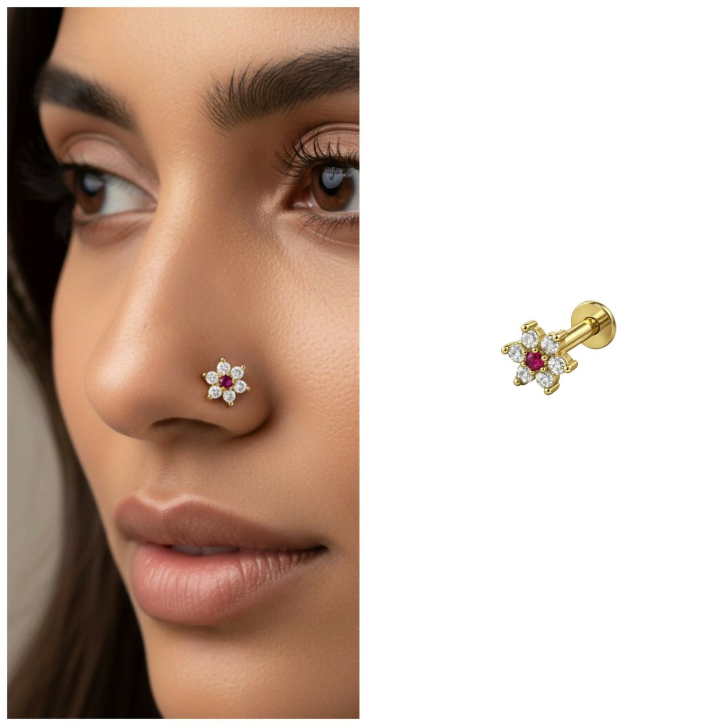 Close-up of gold plated ruby and crystal flower nosepin stud showcasing floral design