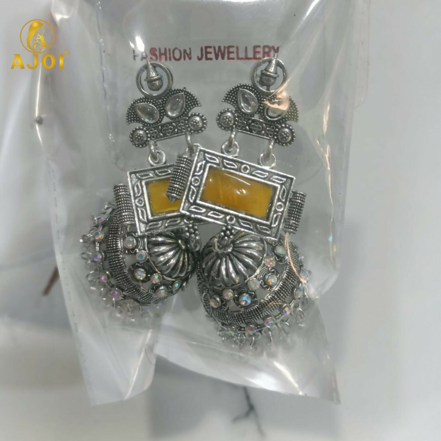 Traditional Oxidized Silver Jhumka Earrings with Yellow Stone & Pearl Hanging.