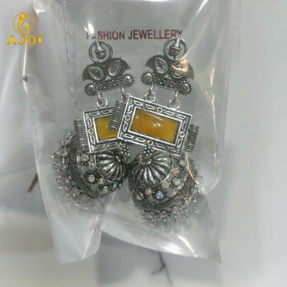 Traditional Oxidized Silver Jhumka Earrings with Yellow Stone & Pearl Hanging.