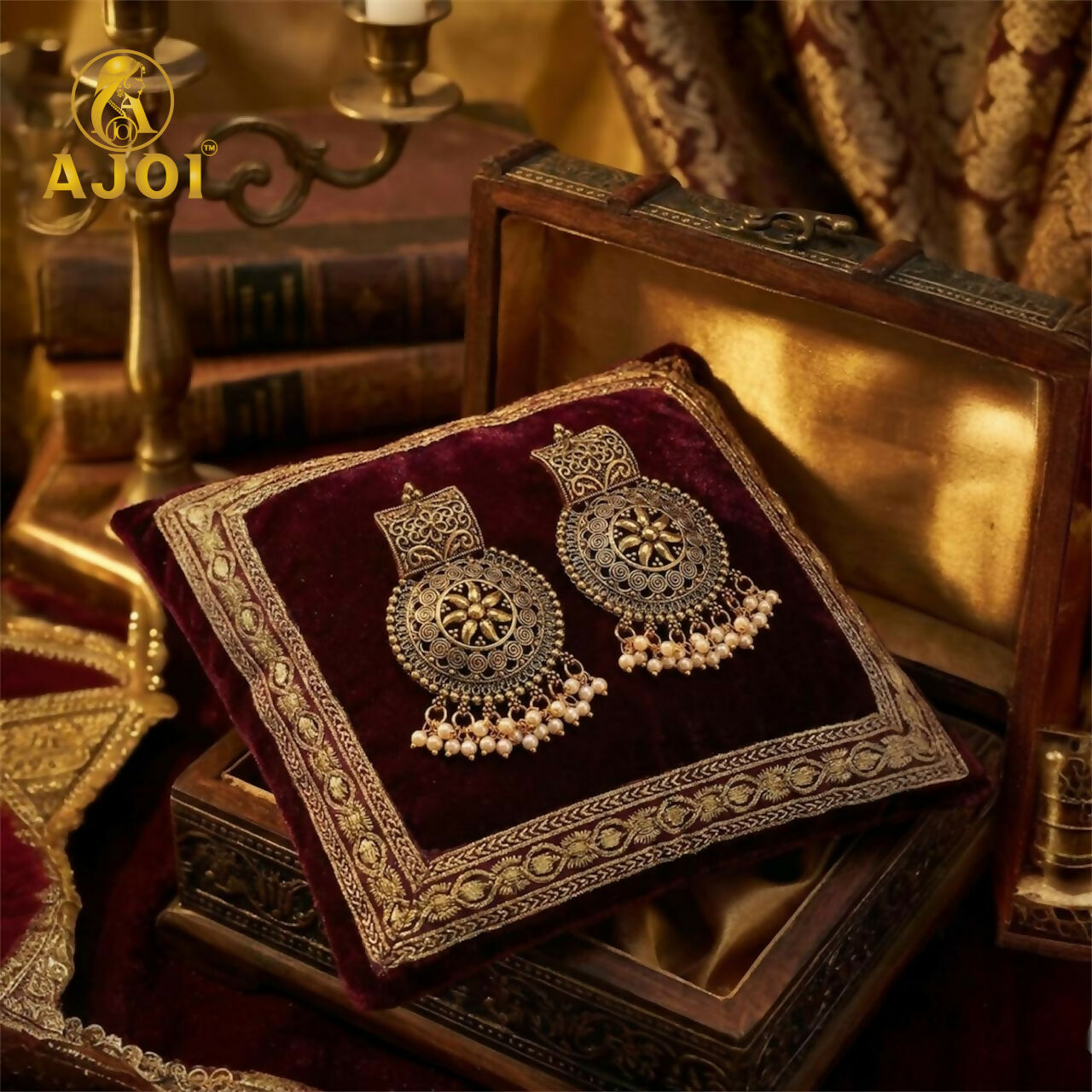 Royal Marwadi Traditional Sun-Motif Earrings with Pearl Jhalar.