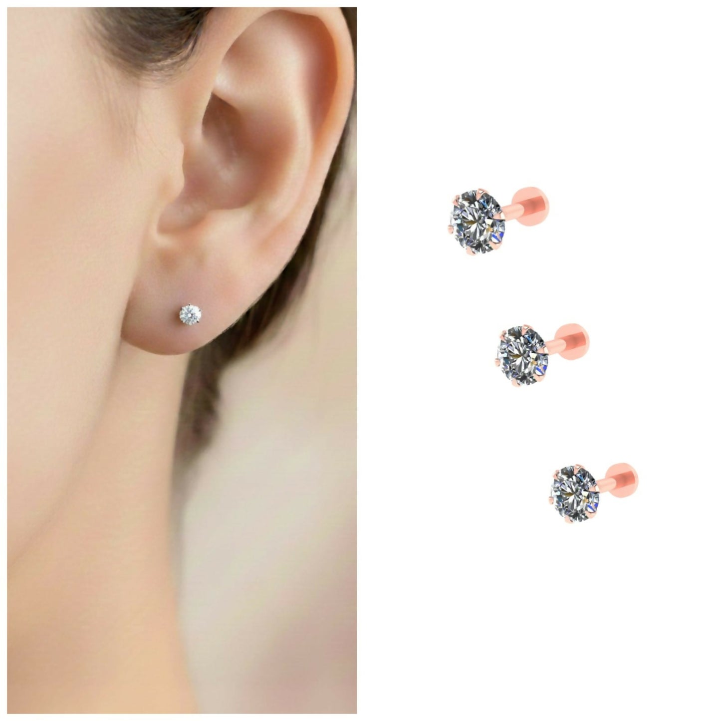 Rose gold labret stud earring with flat back design from combo pack