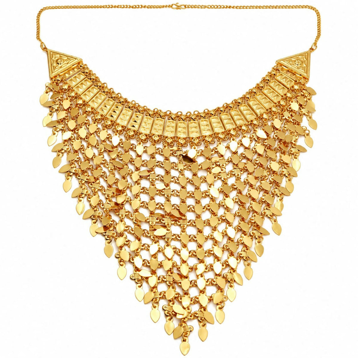 The entire gold-plated necklace is displayed on a white background, highlighting its broad, triangular shape and numerous