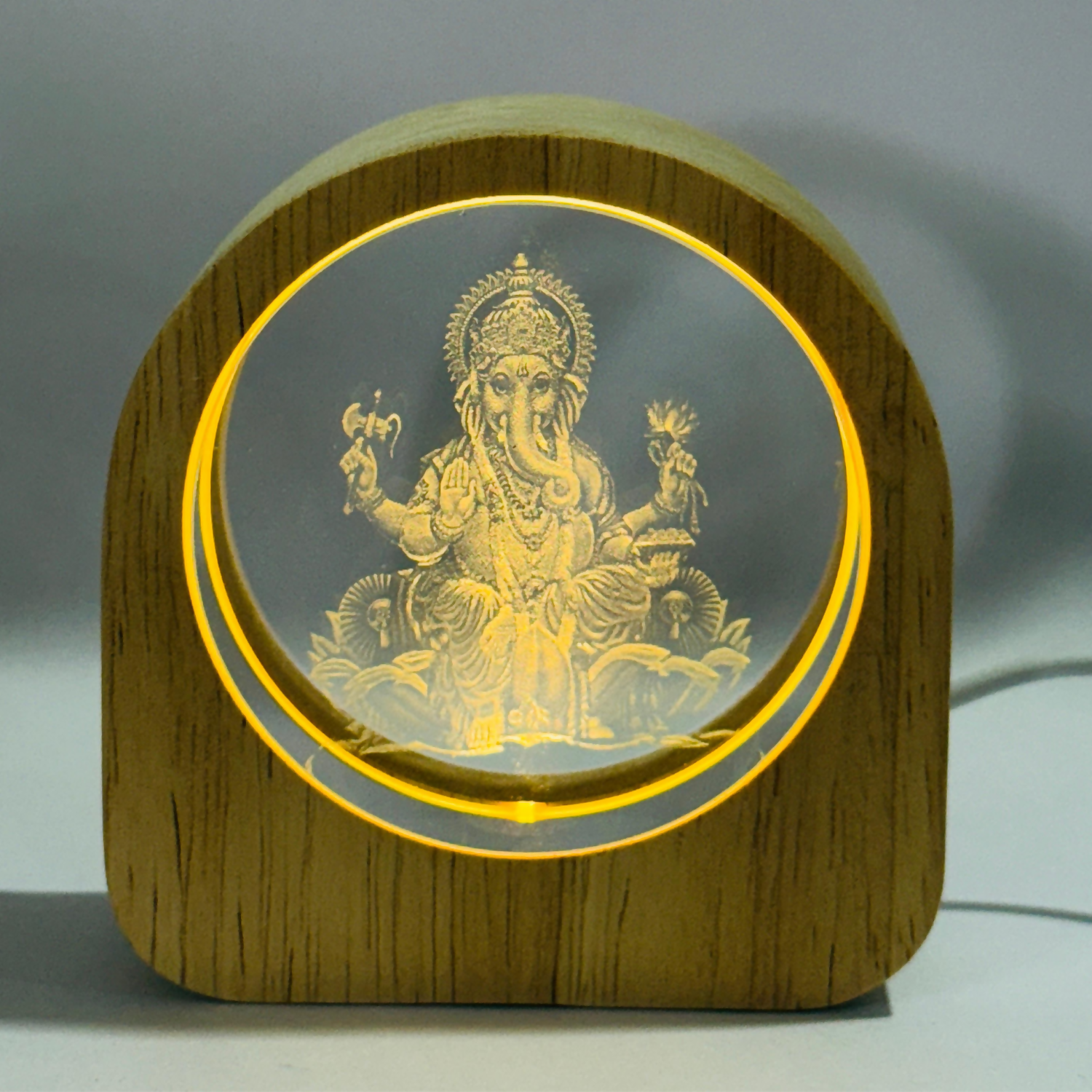Ganesh LED Crystal Night Lamp with Wooden Base for Home Décor