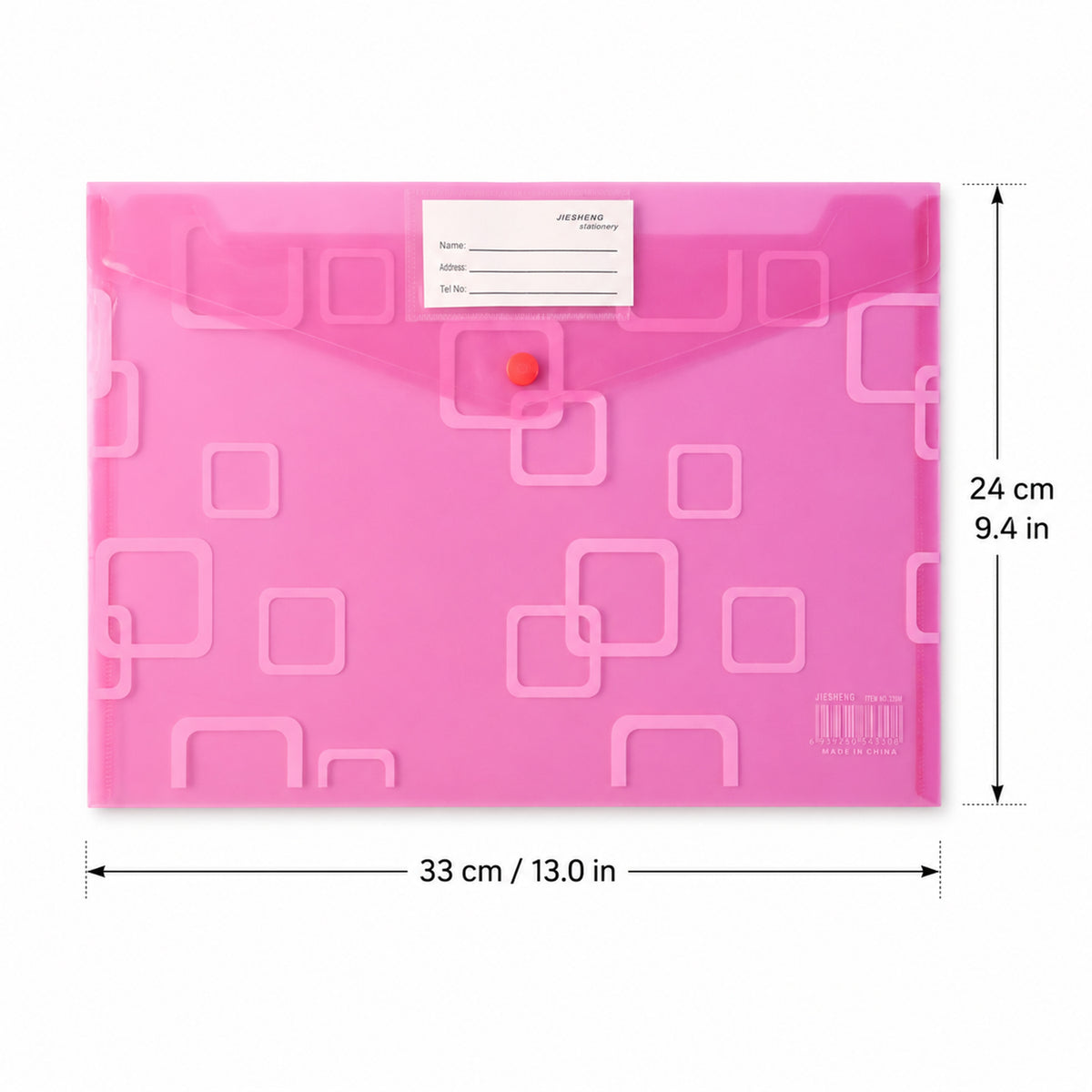 A pink plastic document folder with a button closure, showing dimensions of 33cm by 24cm.