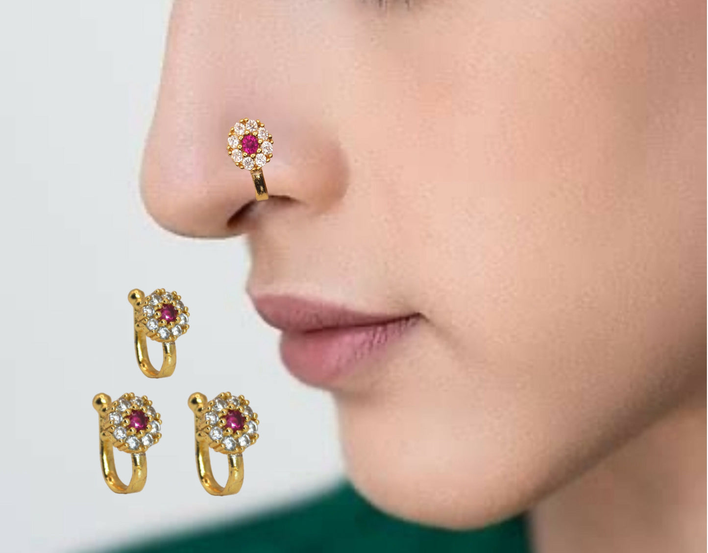 Set of three gold plated floral clip-on nose rings featuring red and white stones