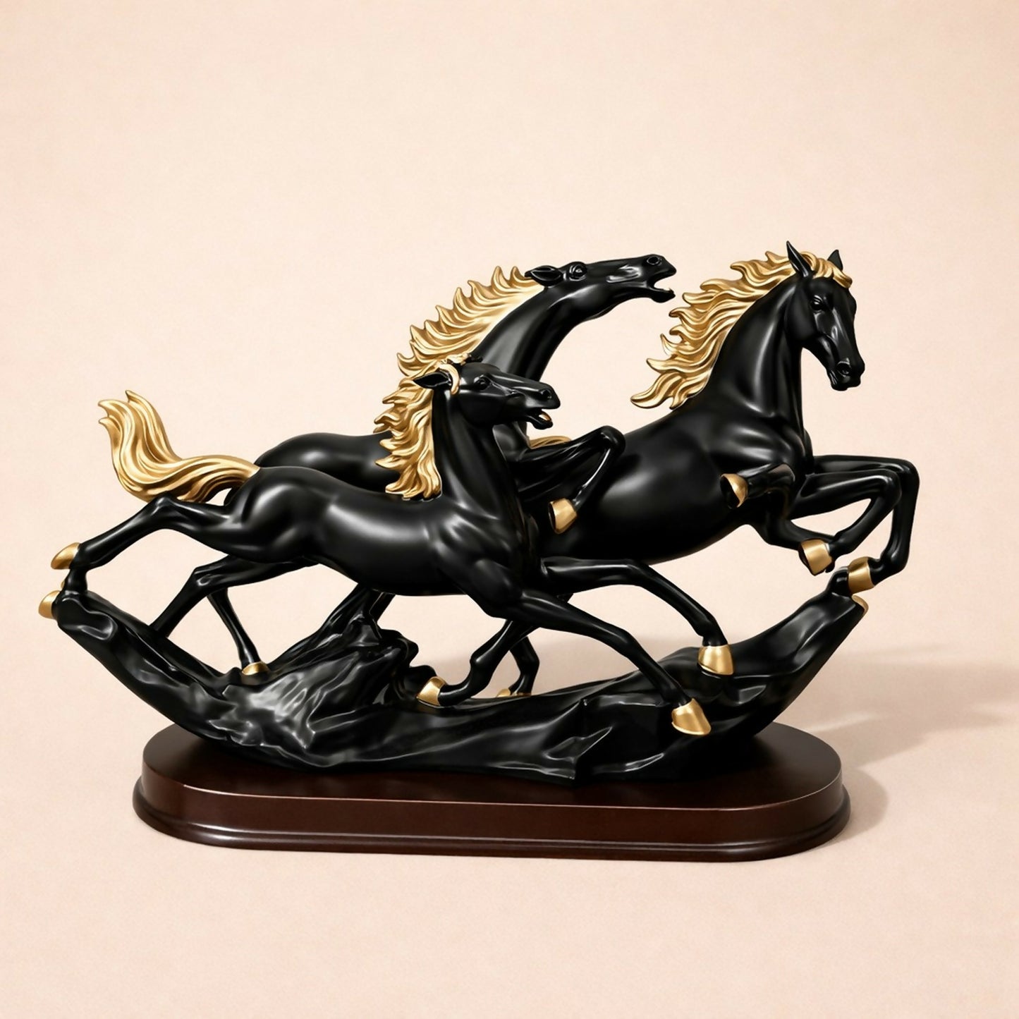 Three Running Horses Showpiece for Home Decor | Black & Gold Finish