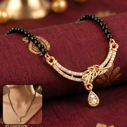 Close-up of leaf design mangalsutra necklace with teardrop pendant