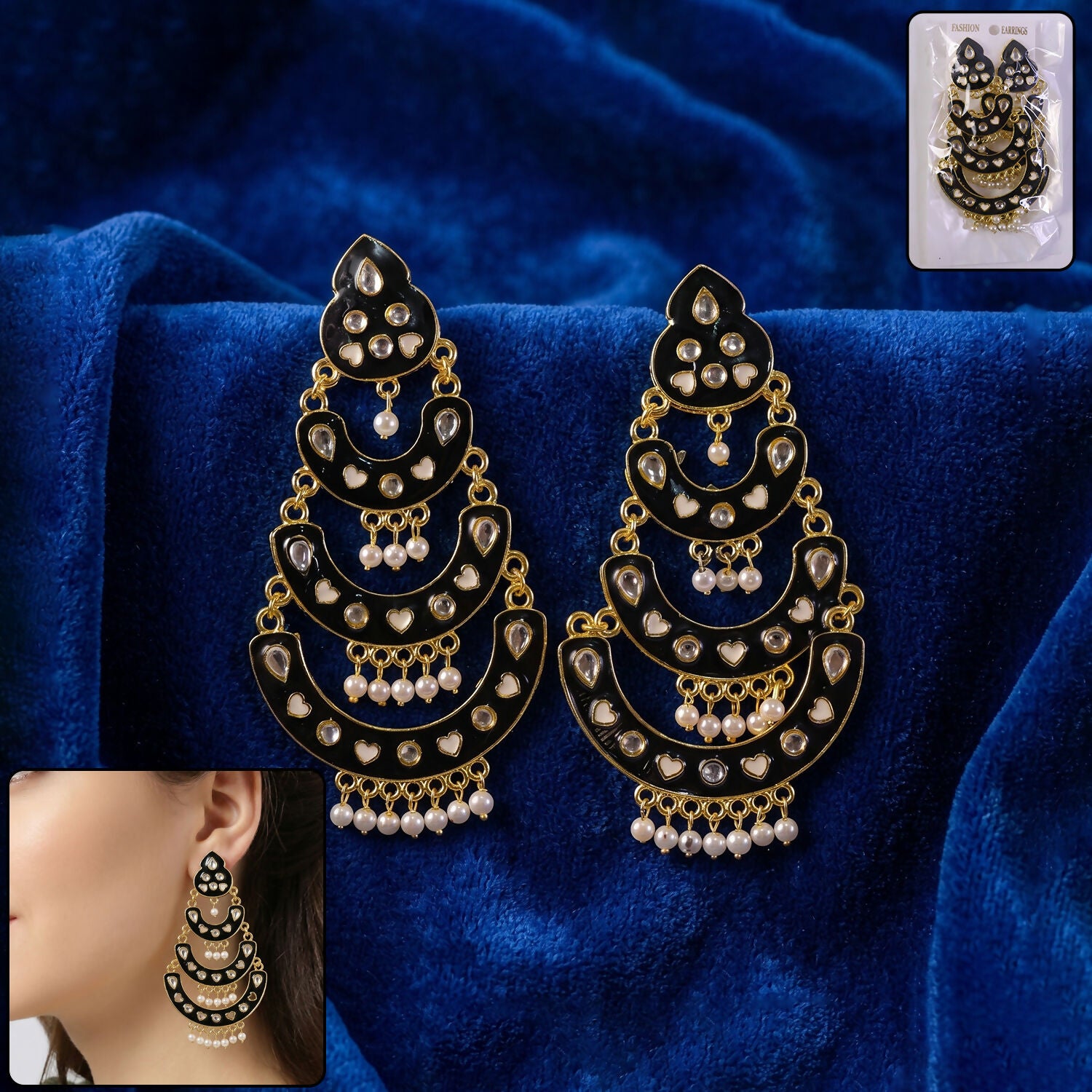 Black Layered Chandbali Earrings with Pearl Drop – Elegant Ethnic Jewelry