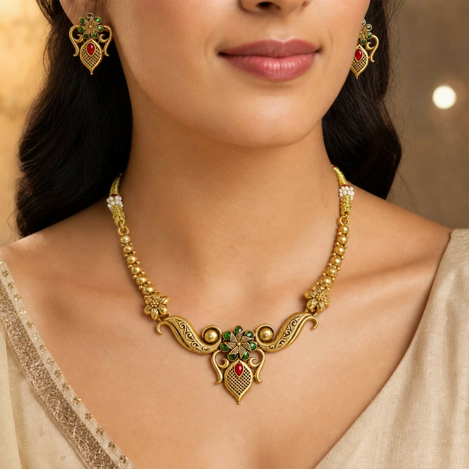 Close-up of the antique necklace set on a dark background, highlighting the green and ruby-red stone accents and detailed craftsmanship.