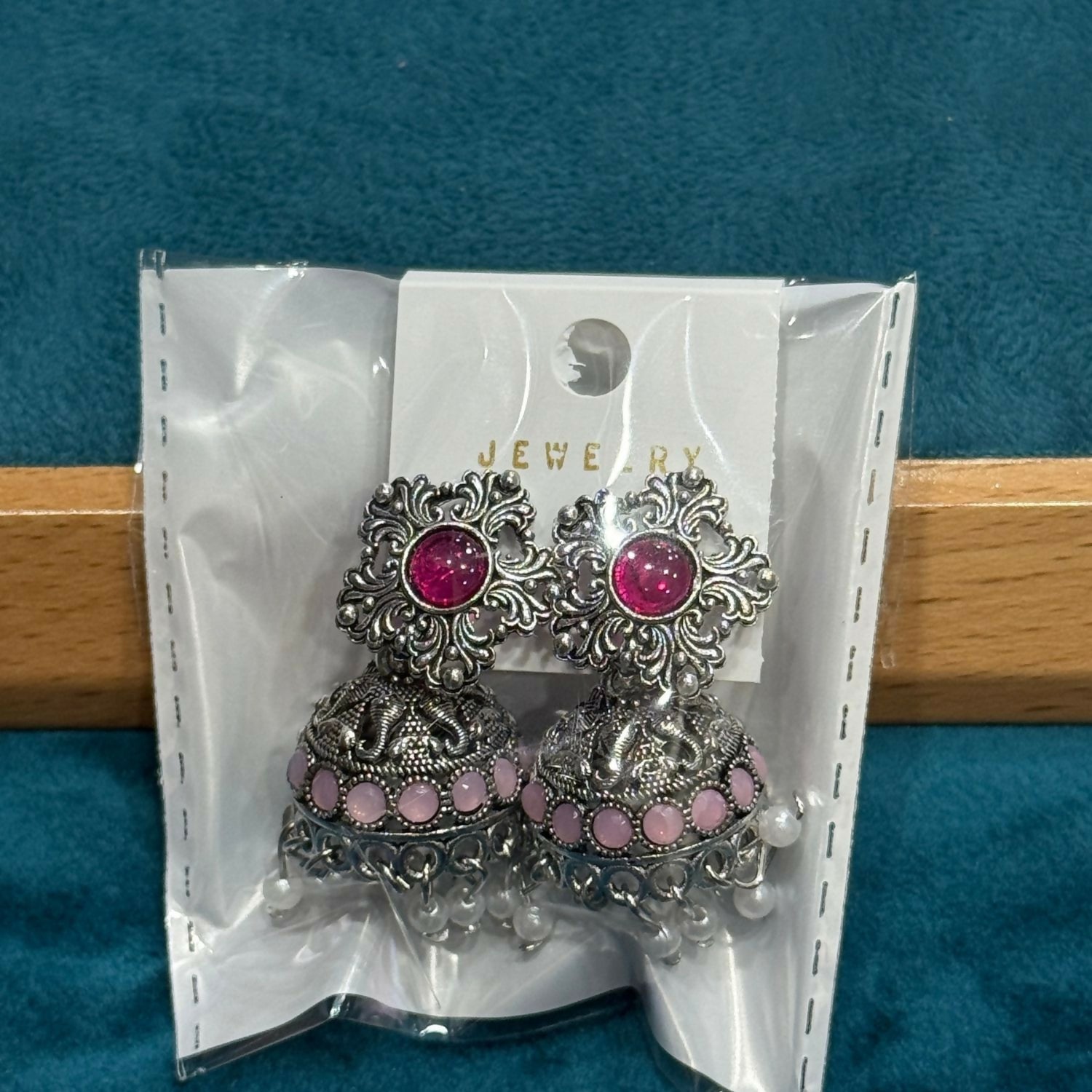 Traditional Oxidized Silver Jhumka Earrings with Pastel Stones and Pearl Drops Pair