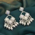 Silver Plated Chandelier Earrings – Elegant Square Crystals & Teardrop Beads