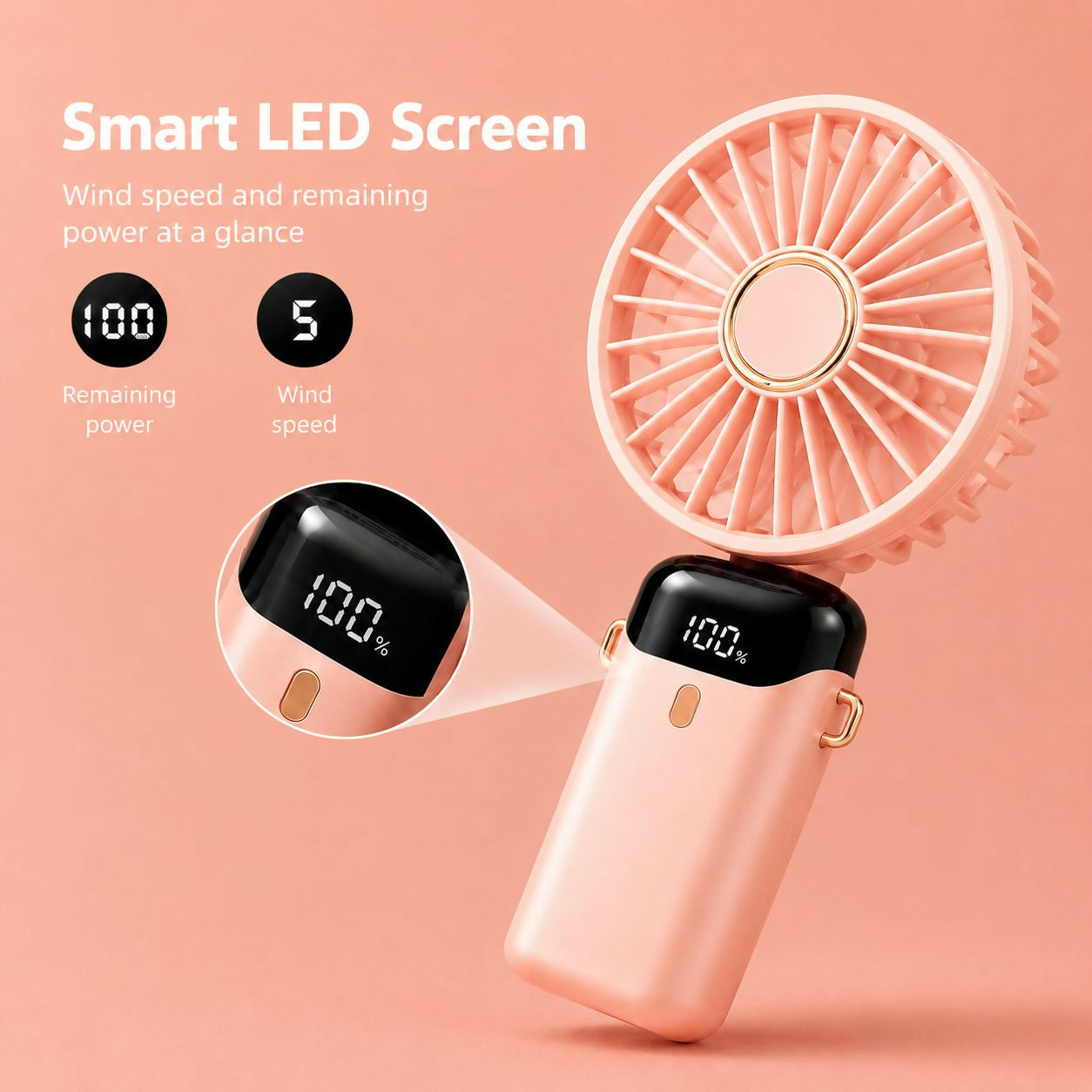 Handheld mini fan shown in use for personal cooling