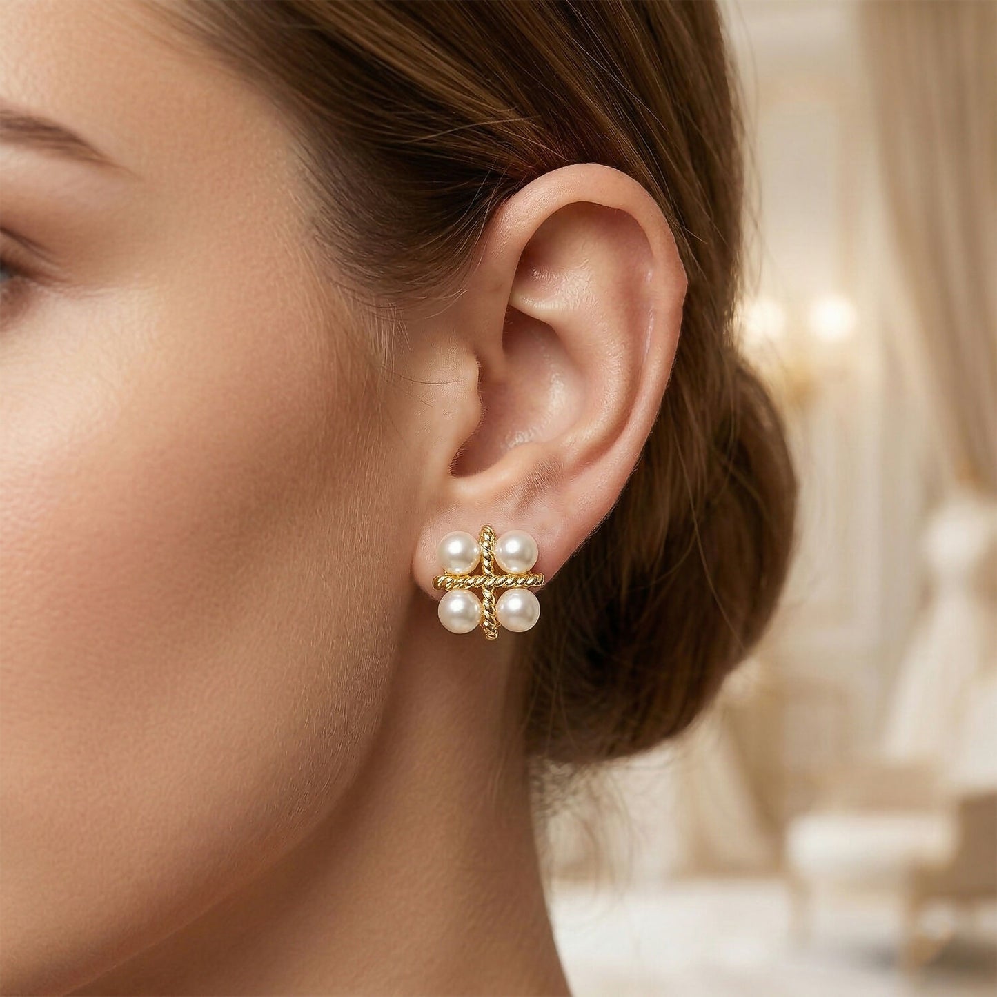 Korean Vintage Twisted Gold & Quad Pearl Studs For Girls And Women