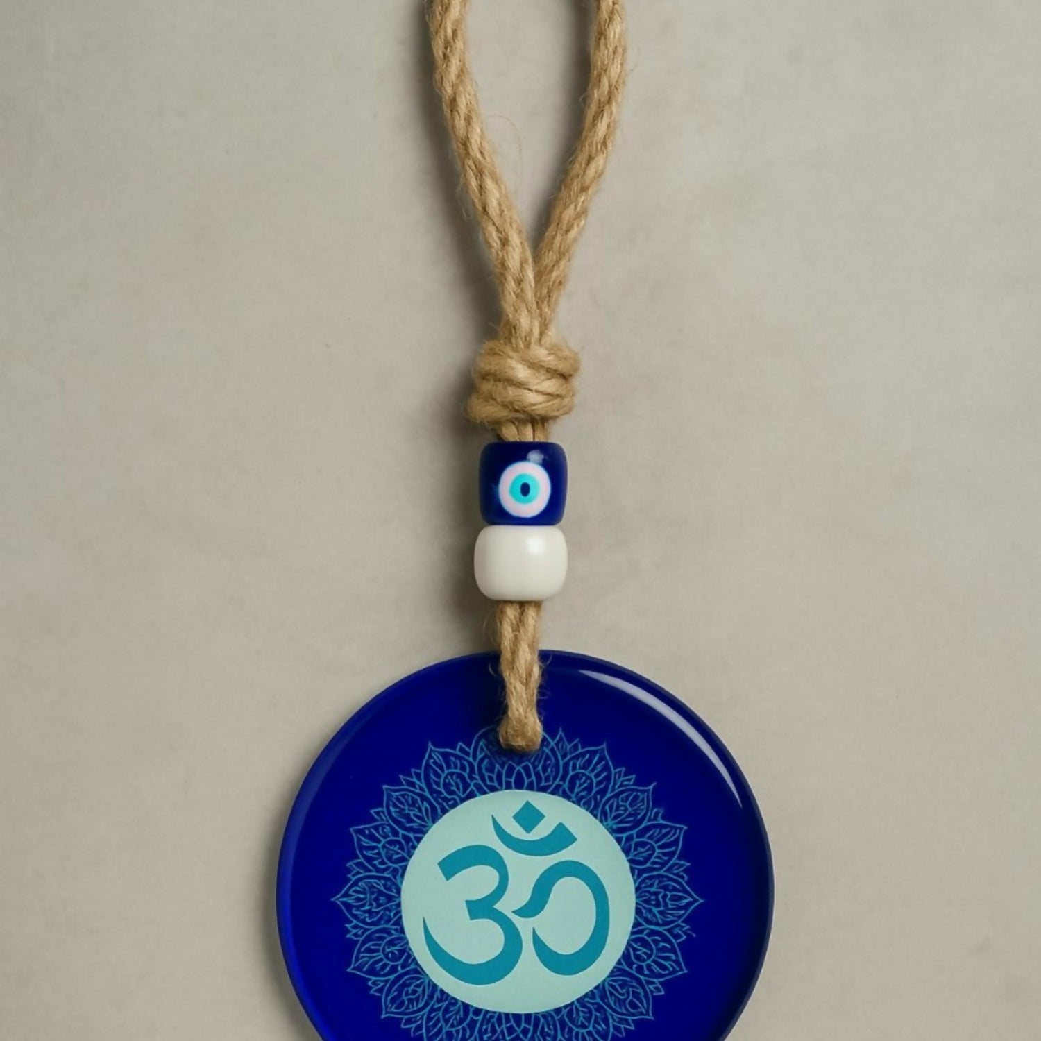 Decorative Blue Glass Wall Hanging with Om Symbol & Evil Eye Beads – Spiritual Protection, Meditation & Positive Energy Décor for Home, Office, Car & Gift Purpose