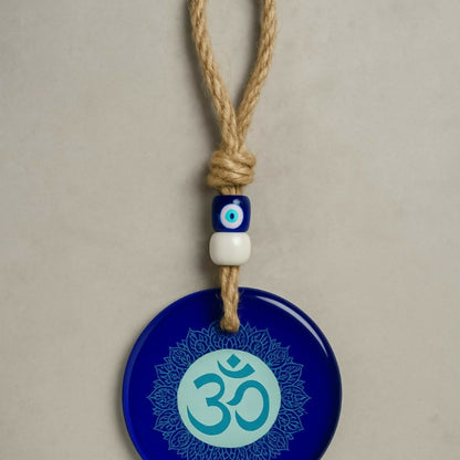 Decorative Blue Glass Wall Hanging with Om Symbol & Evil Eye Beads – Spiritual Protection, Meditation & Positive Energy Décor for Home, Office, Car & Gift Purpose