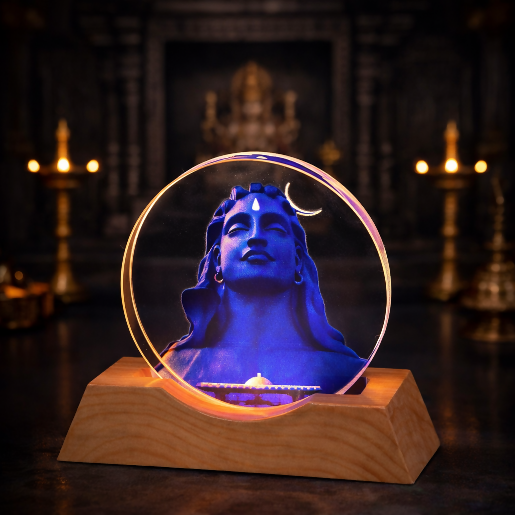Lord Shiva Acrylic LED Lamp with Wooden Base | Adi Yogi Decorative Night Light