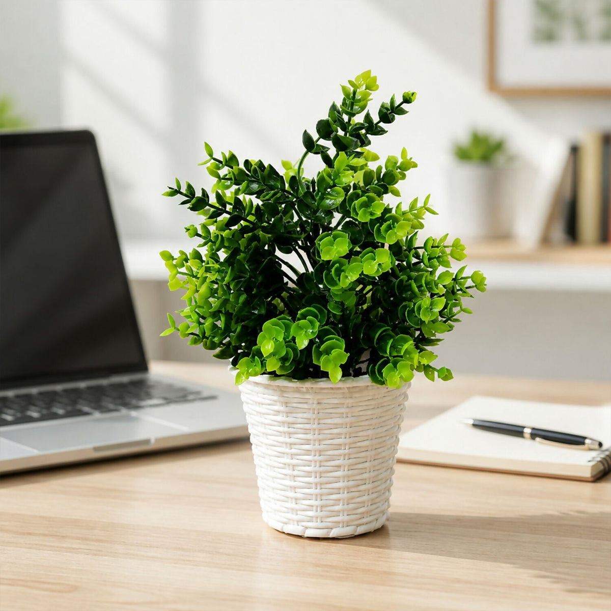 Artificial Green Leaf Plant Decorative White Pot Home Office Table Centerpiece Decor