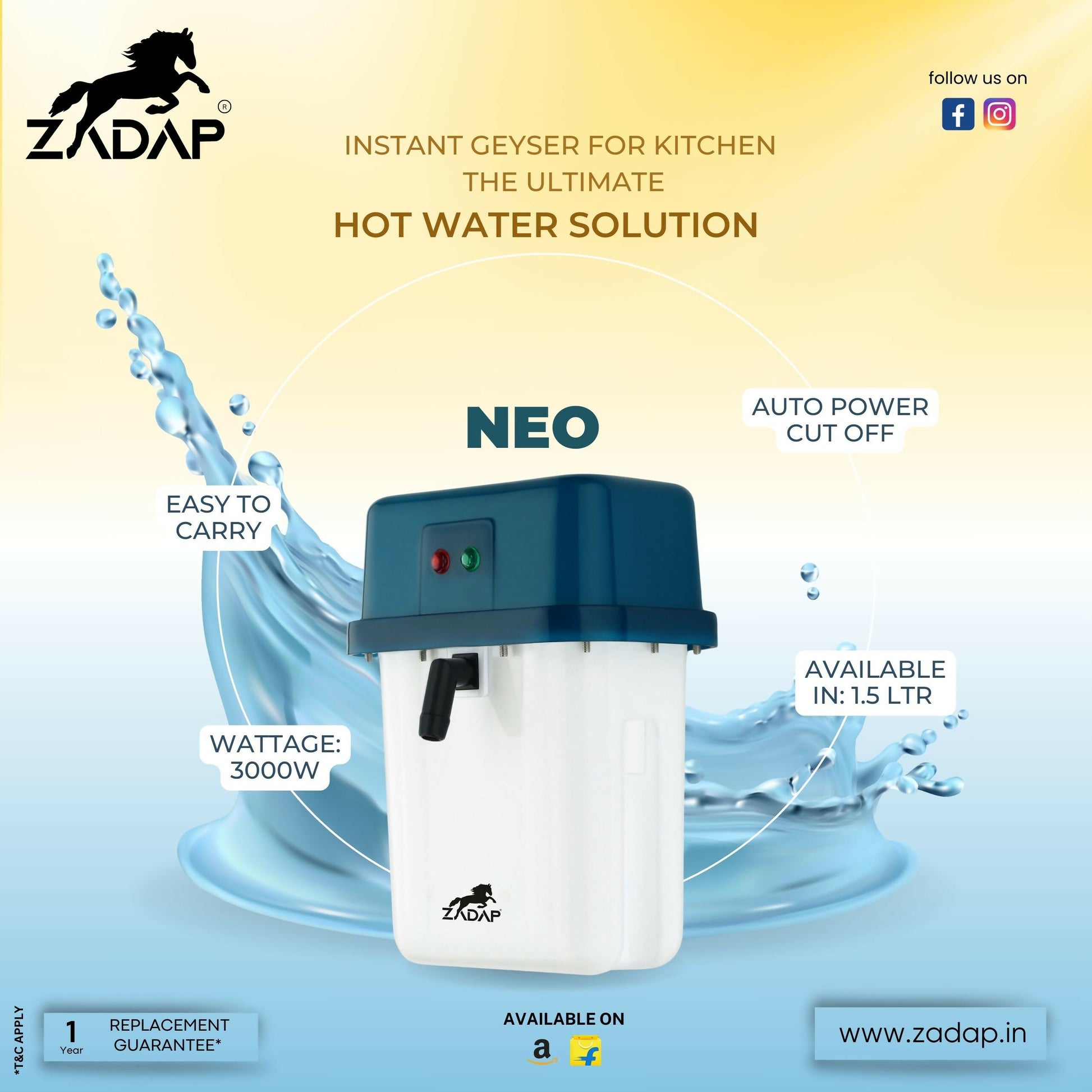 ZADAP Portable 3kW Instant Water Heater - Fast & Safe