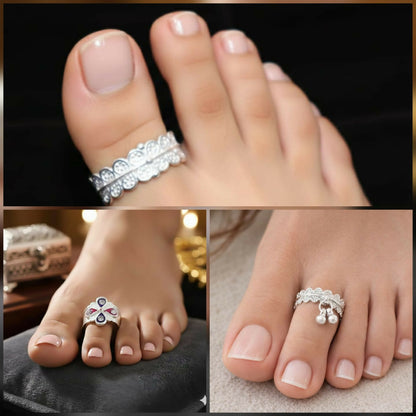 Floral enamel silver plated toe ring featuring vibrant pink and purple Meenakari work