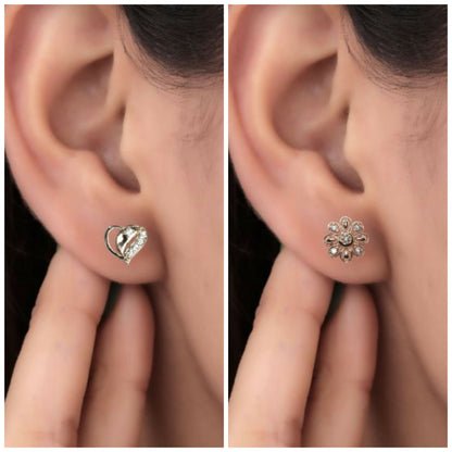 Rose Gold AD Stud Earrings - Flower & Heart Shape Daily Wear for women and girls Combo Pack of 2