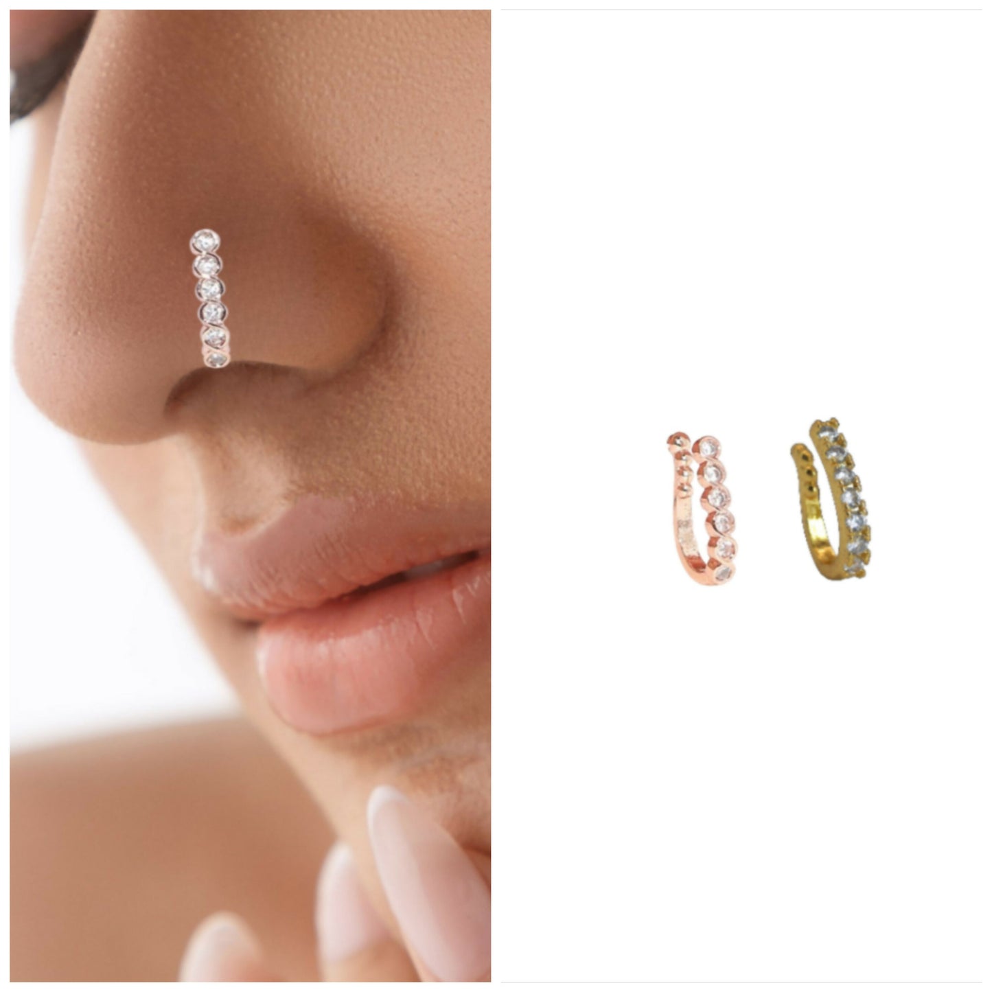 CZ Studded Nose Cuff | Non-Piercing Nath Pin | Gold/Rose Gold Combo Pack of 2
