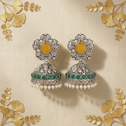 Top view showing floral-patterned stud with yellow stone