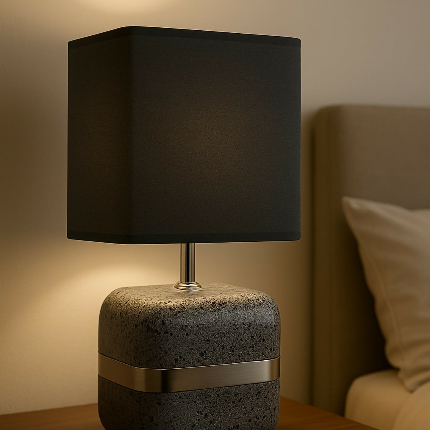 Modern Concrete Textured Table Lamp with Grey Square Fabric Shade & Silver Accent Band | Luxury Minimalist Bedside, Living Room & Study Night Lamp | Soft Ambient Lighting Home Décor Piece