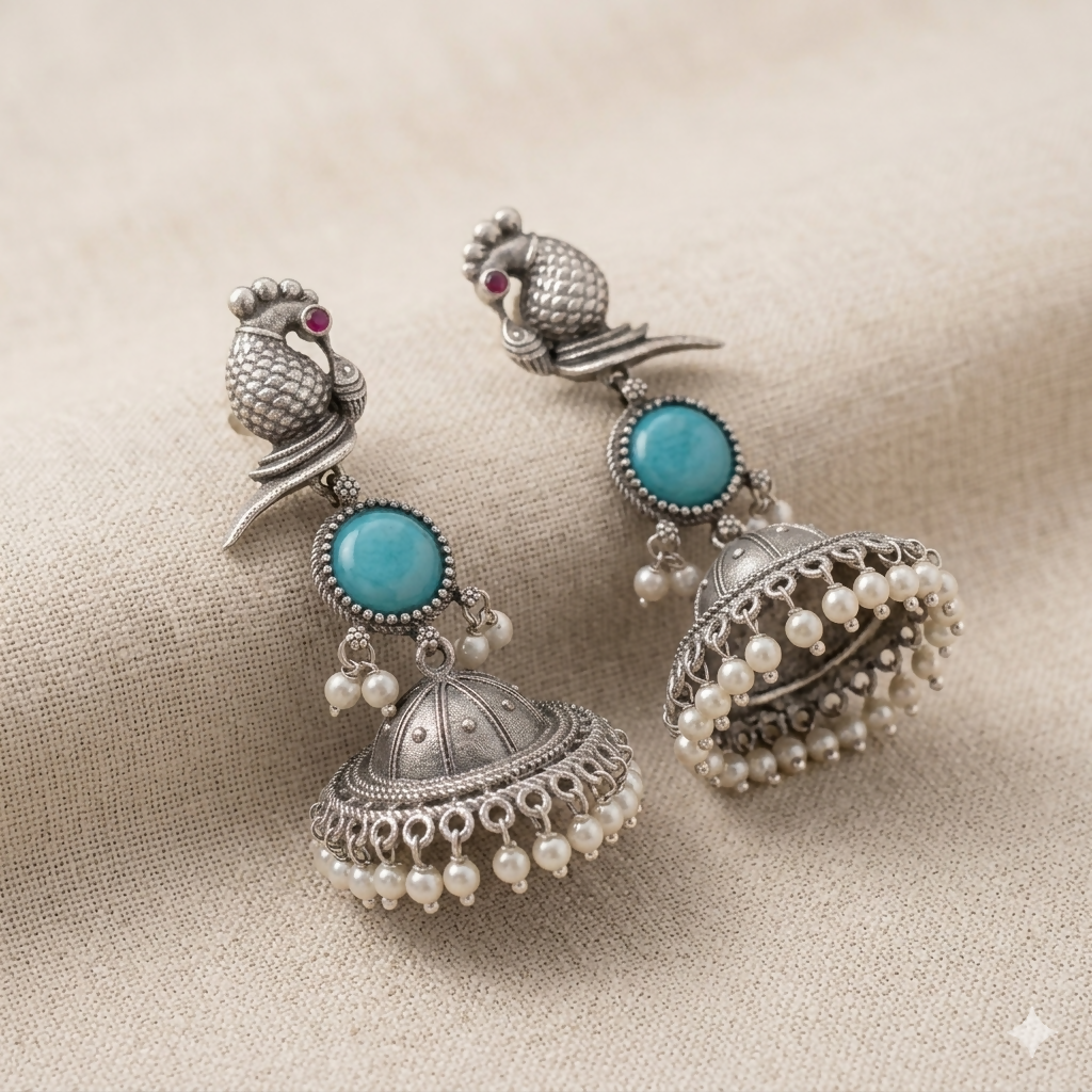 Elegant Peacock Oxidized Silver Jhumka Earrings with Sky Blue Stone & Pearl Accents