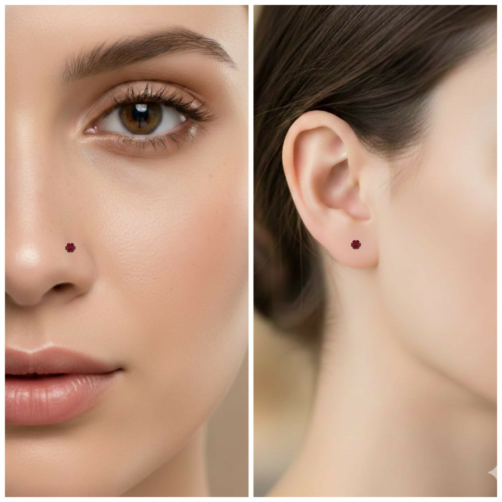 Ruby red crystal labret studs worn in nostril, tragus, and helix piercings