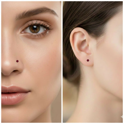 Ruby red crystal labret studs worn in nostril, tragus, and helix piercings