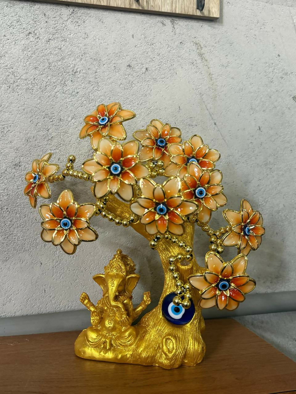 Golden Ganesha Tree Showpiece with Evil Eye for Home Décor & Gift