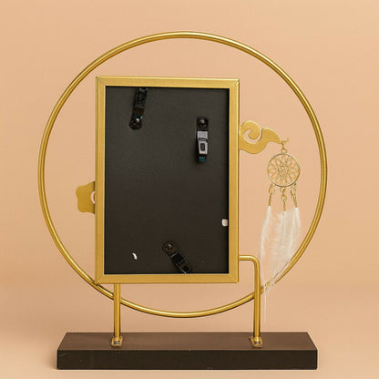 Premium Golden Metal Ring Photo Frame with Dreamcatcher Charm | 4x6 Inch Vertical Decorative Picture Frame for Home Office Table Décor | Artistic Circle Stand Photo Holder for Living Room, Bedroom & Gifting