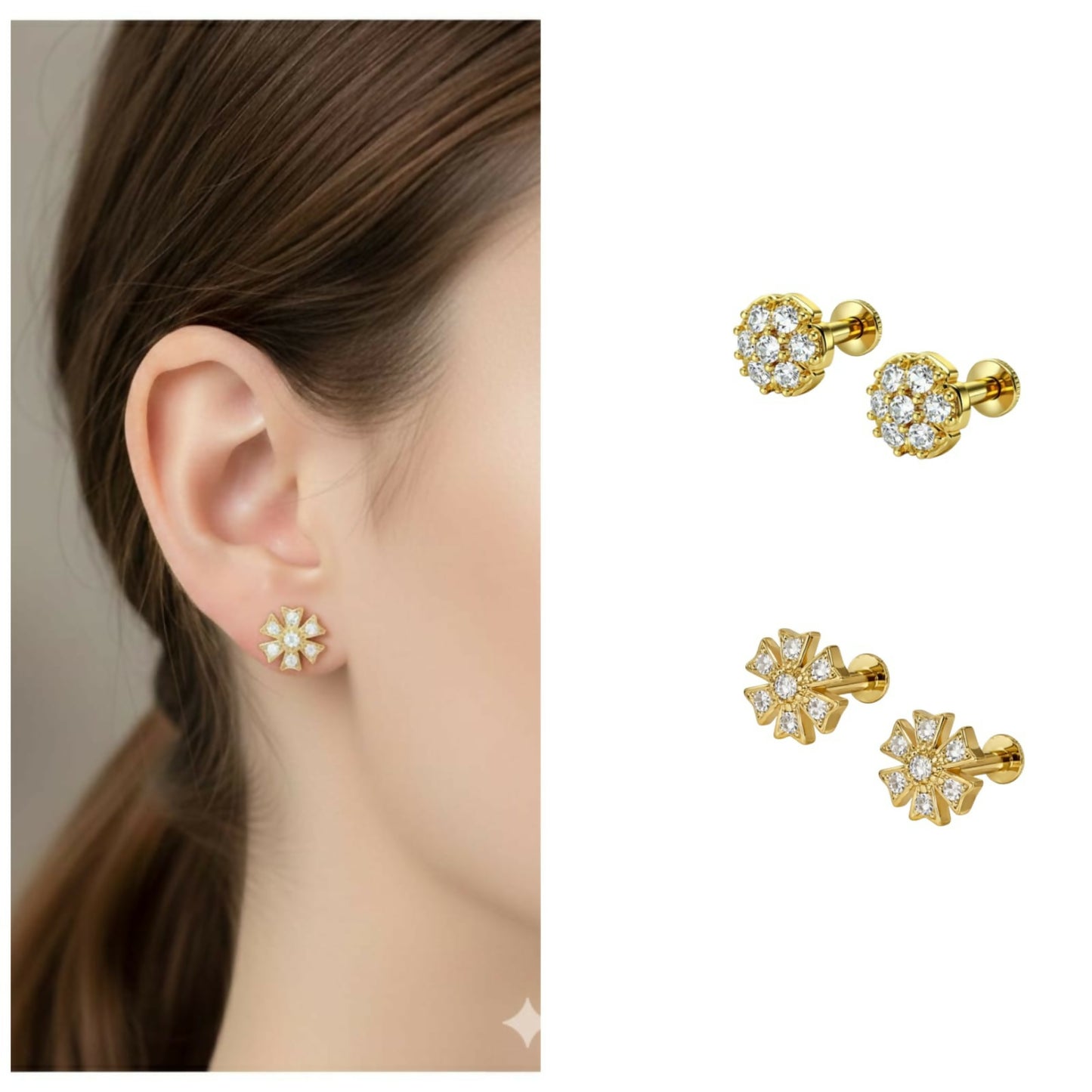 Close-up view of gold floral cluster earrings with cubic zirconia stones