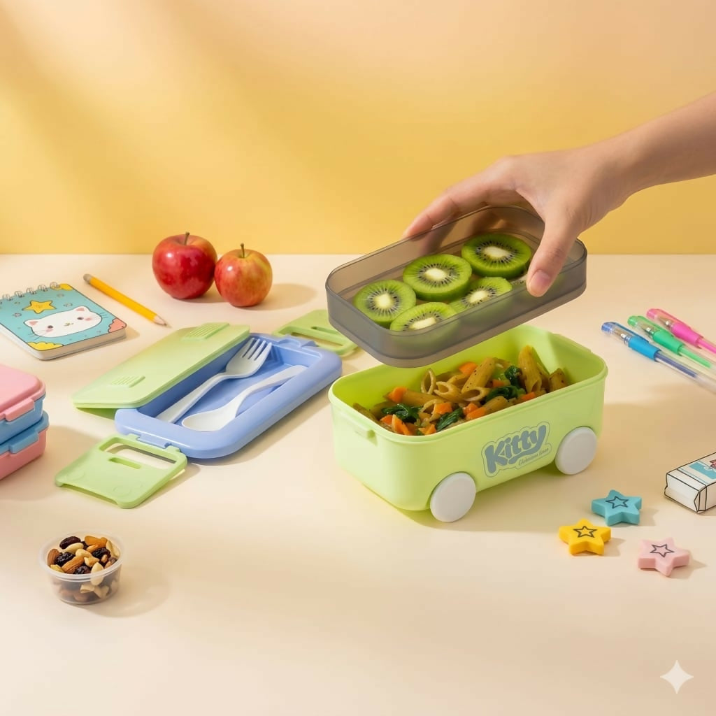 Toy car-shaped kids lunch box with layered compartments and Kitty design