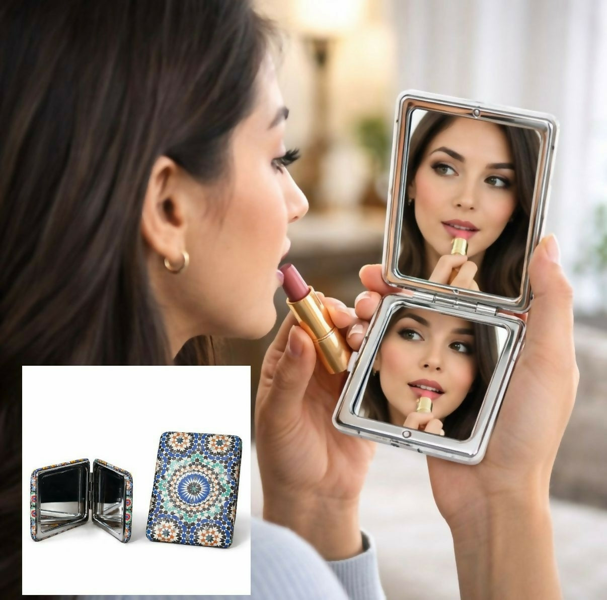 Close-up of elegant pattern on compact foldable mirror