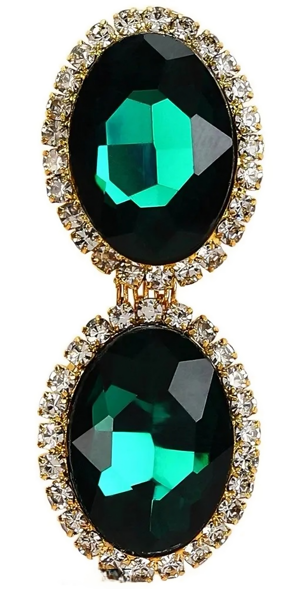 Full emerald green crystal jewelry set displayed with necklace, bracelet, earrings, and ring