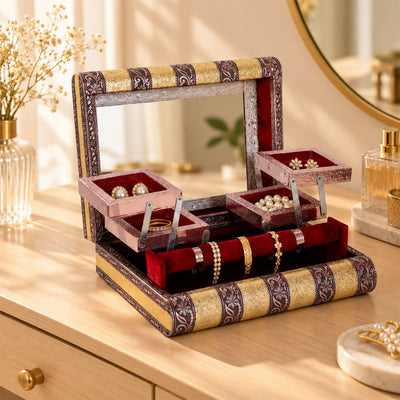 Decorative Jewellery Storage Box with Mirror, Expandable Trays and Bangle Holder