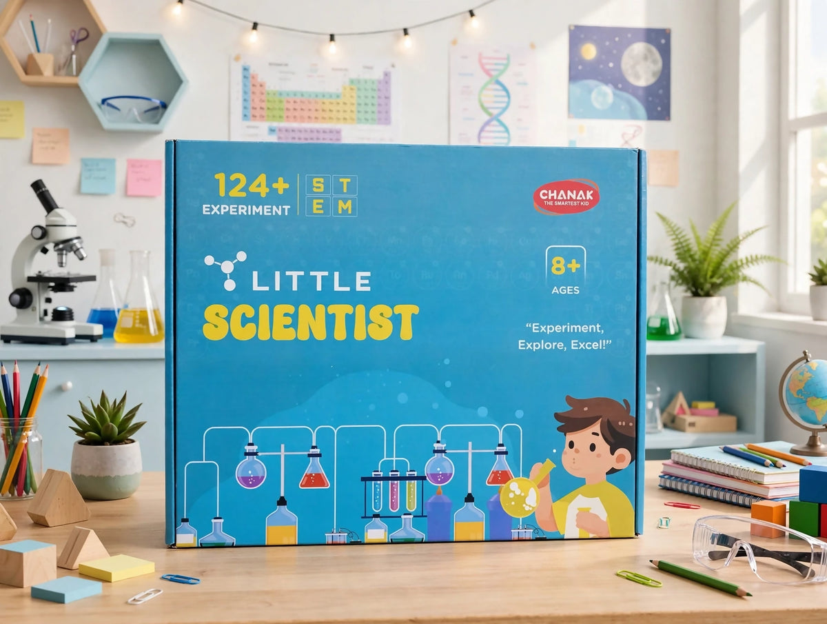The Little Scientist kit box is centered on a wooden desk, surrounded by a microscope, plants, and school supplies.
