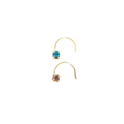 Pair of gold plated solitaire crystal nosepins in teal blue and champagne brown colors