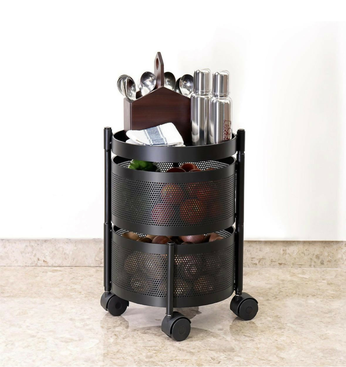 Compact Round 2-Layer Kitchen Trolley with Ventilated Mesh Baskets & Four Swivel Wheels