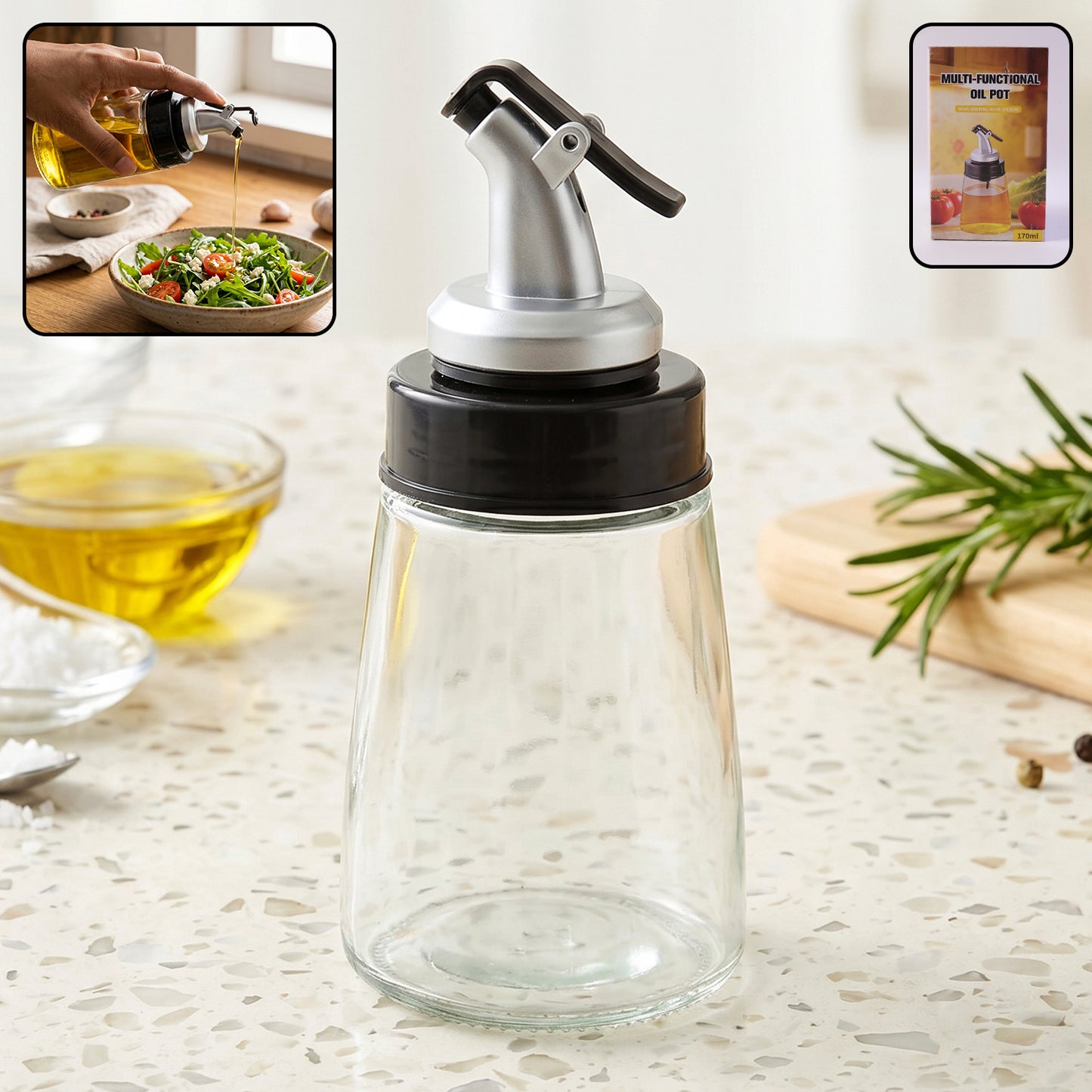 Transparent glass oil dispenser bottle with no-drip pour spout, 170 ml capacity.