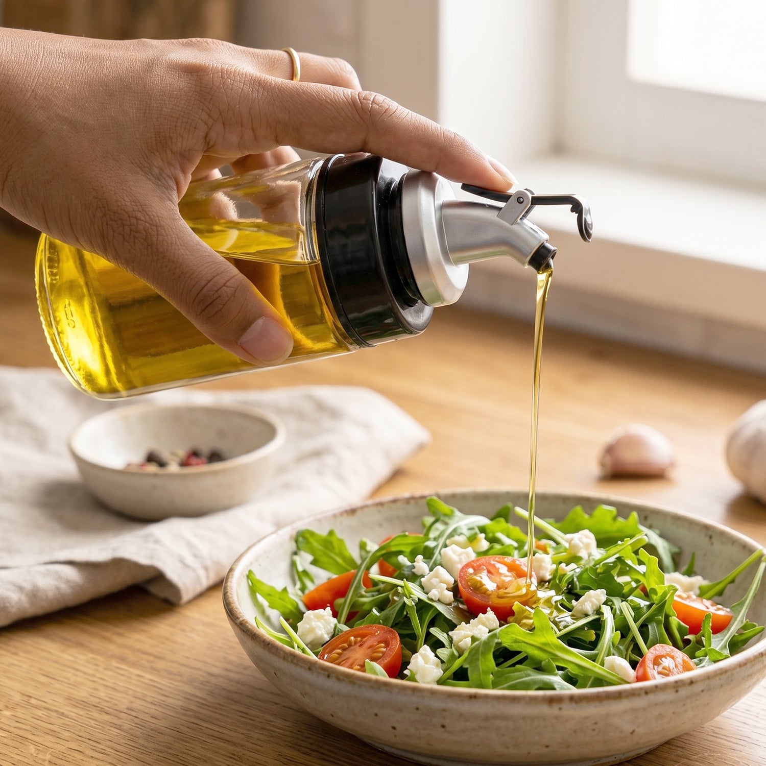 Elegant glass oil dispenser with wide base and ergonomic design.