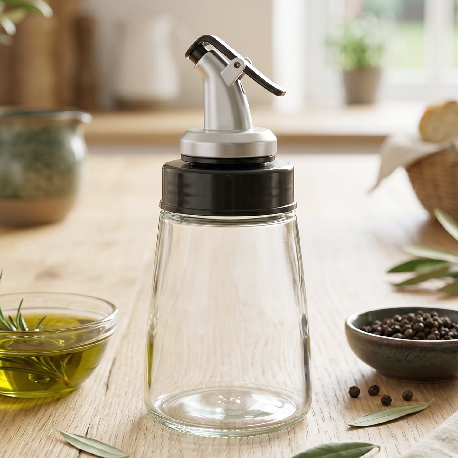 Clean design oil and condiment dispenser ready for use.