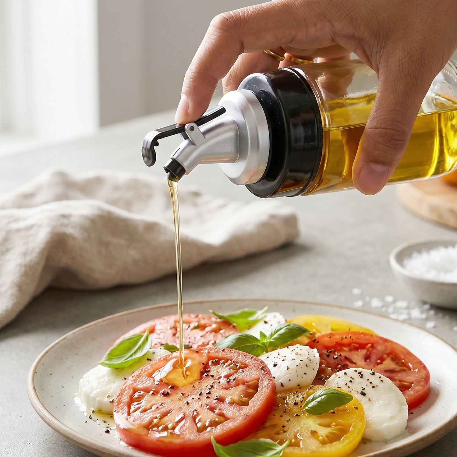 Kitchen setup with clear oil and vinegar dispenser on the counter.