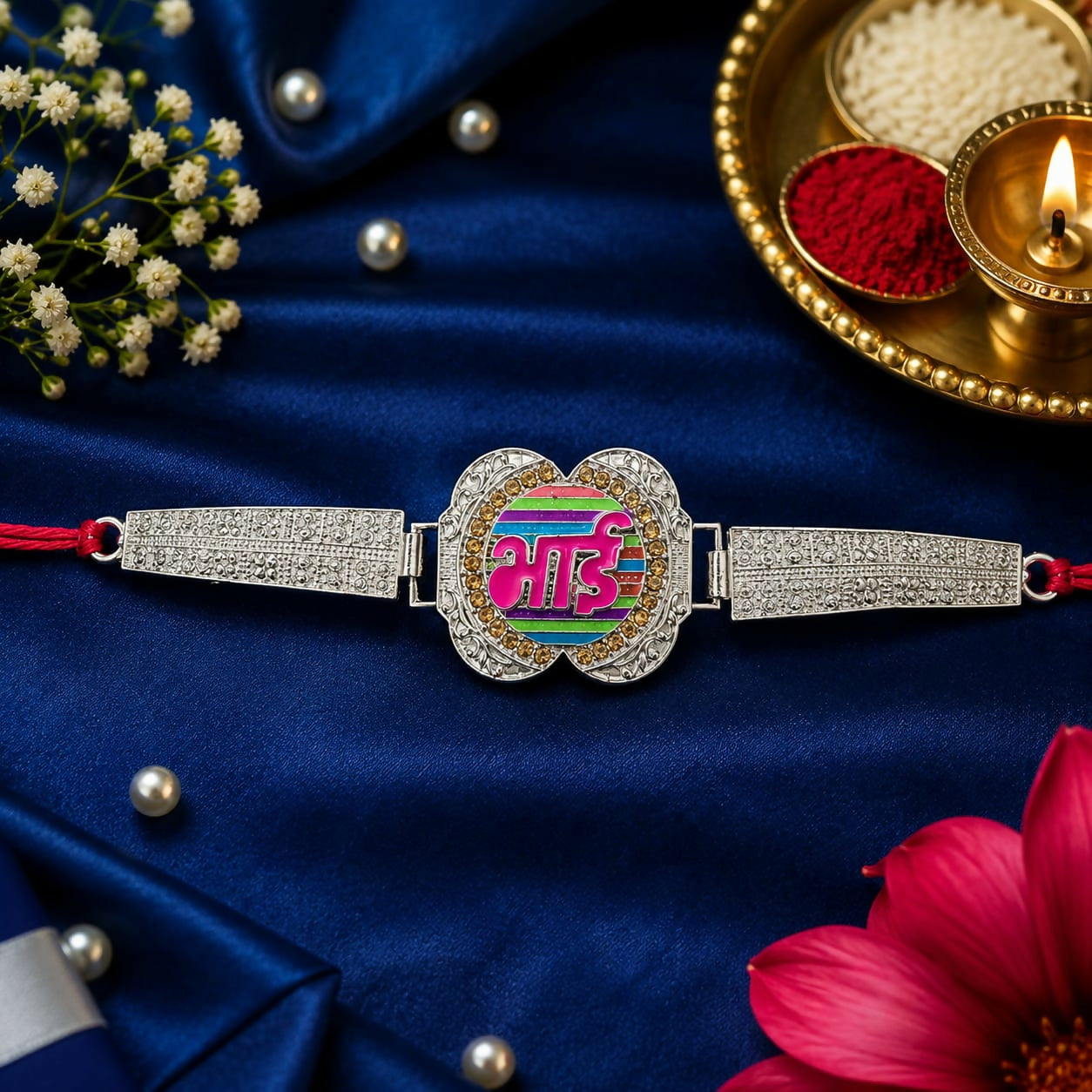 A silver-finished Rakhi with a colorful Bhai centerpiece and textured bands rests on a blue satin cloth with pearls and