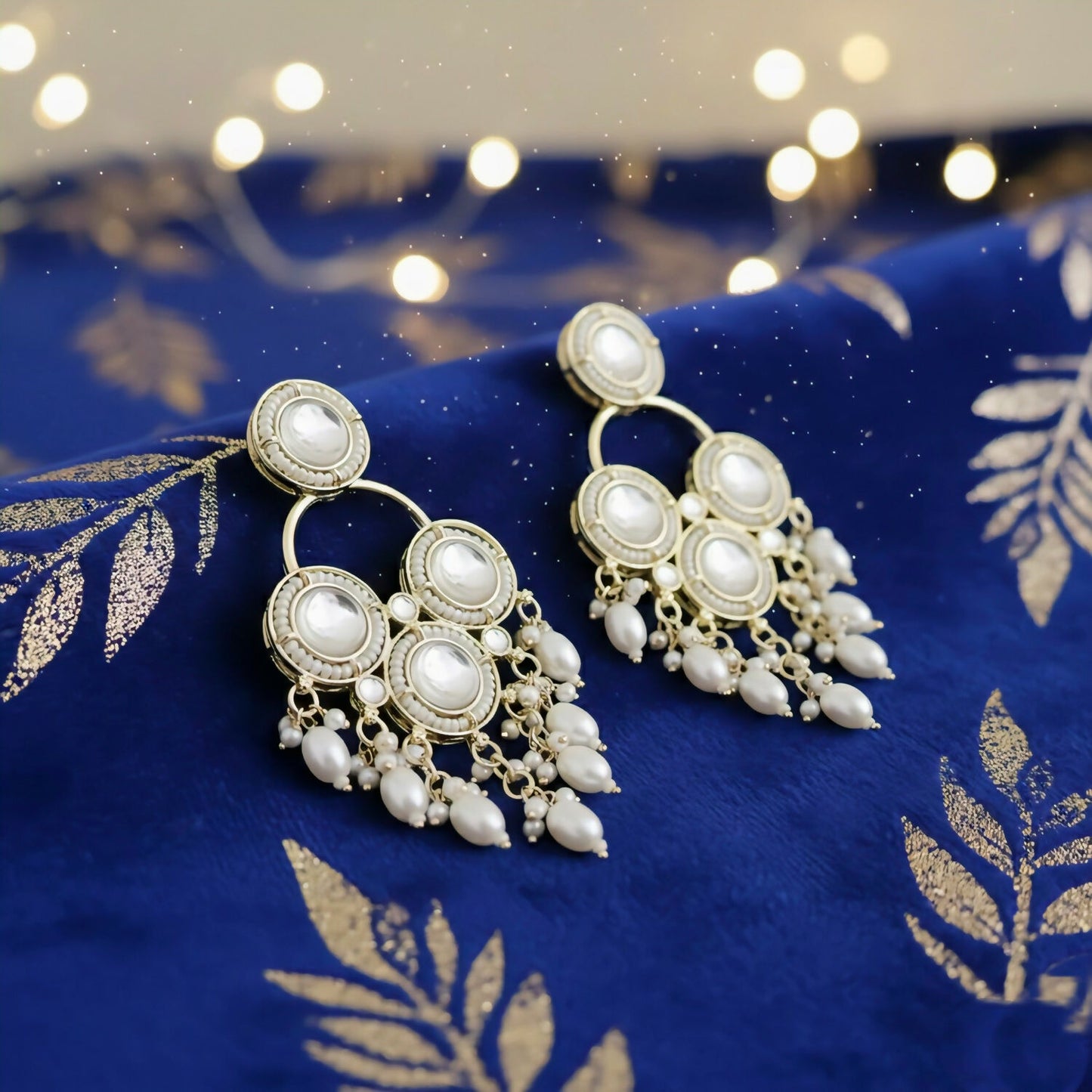 White Kundan & Pearl Drop Traditional Chandbali Earrings